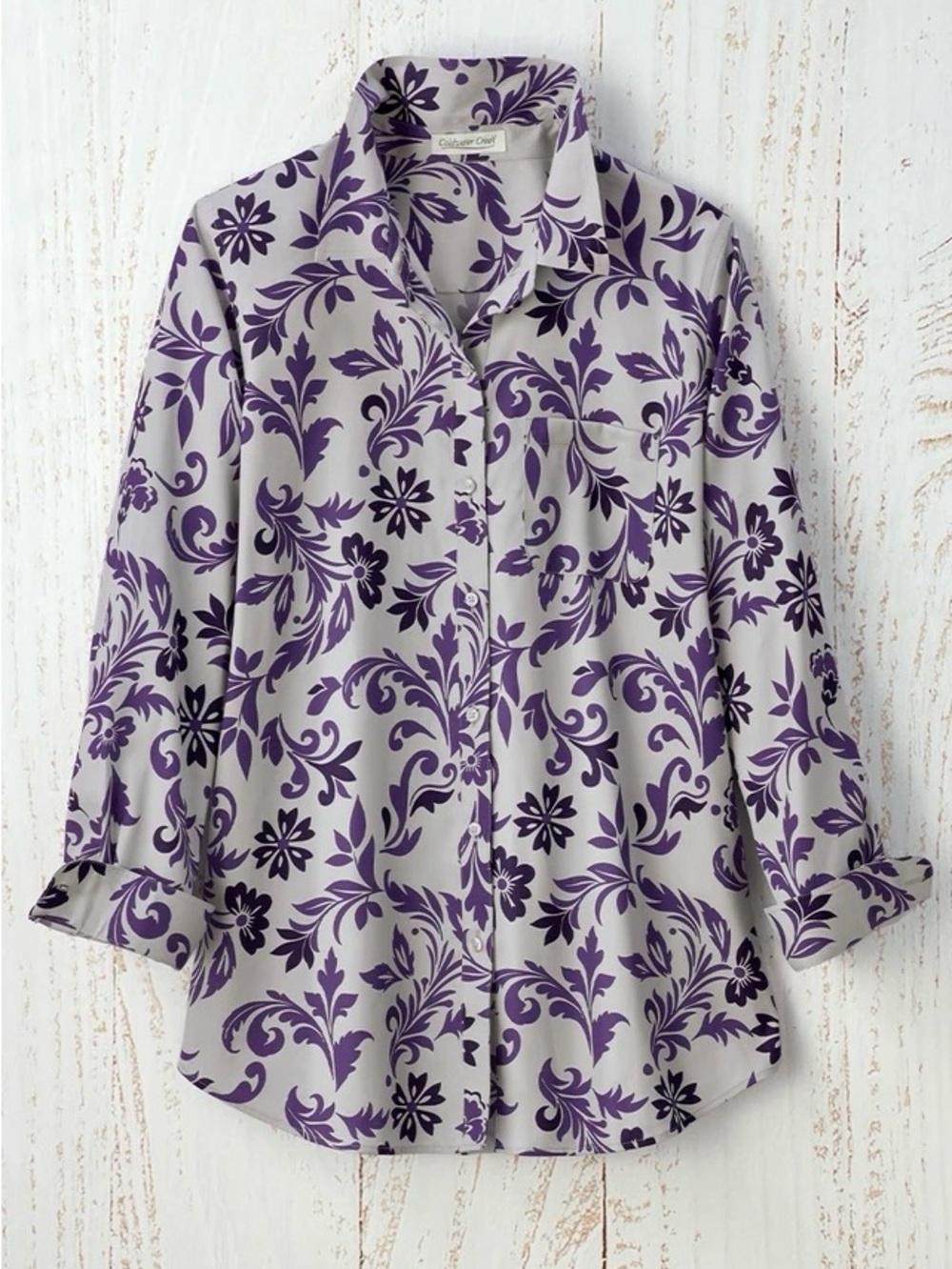 100% Cotton No Iron Coldwater Creek Swirling Flourish Anytime Tunic Gray Purple